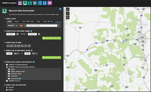 screenshot of the user interface for the Massive Data Downloader on NPMRDS